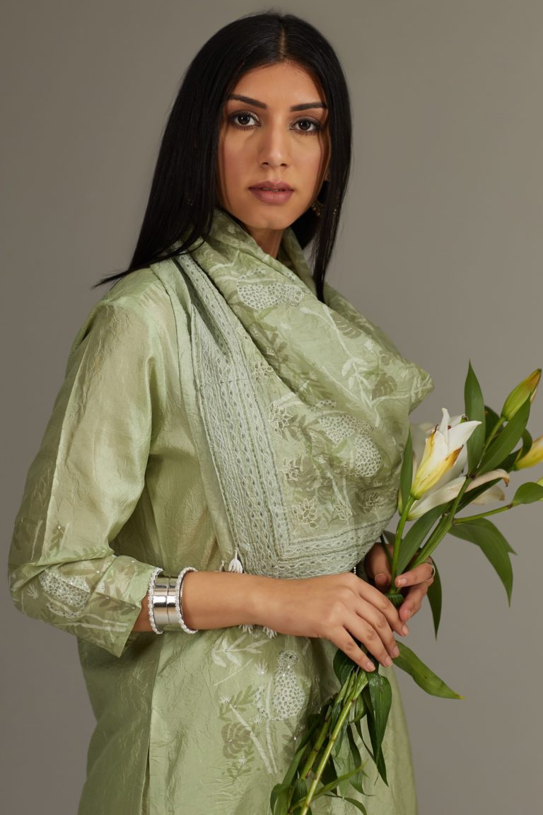 Apple Green straight silk crushed kurta set with block print and embellishment