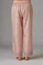 Pink straight pant with quilted embroidery at bottom hem