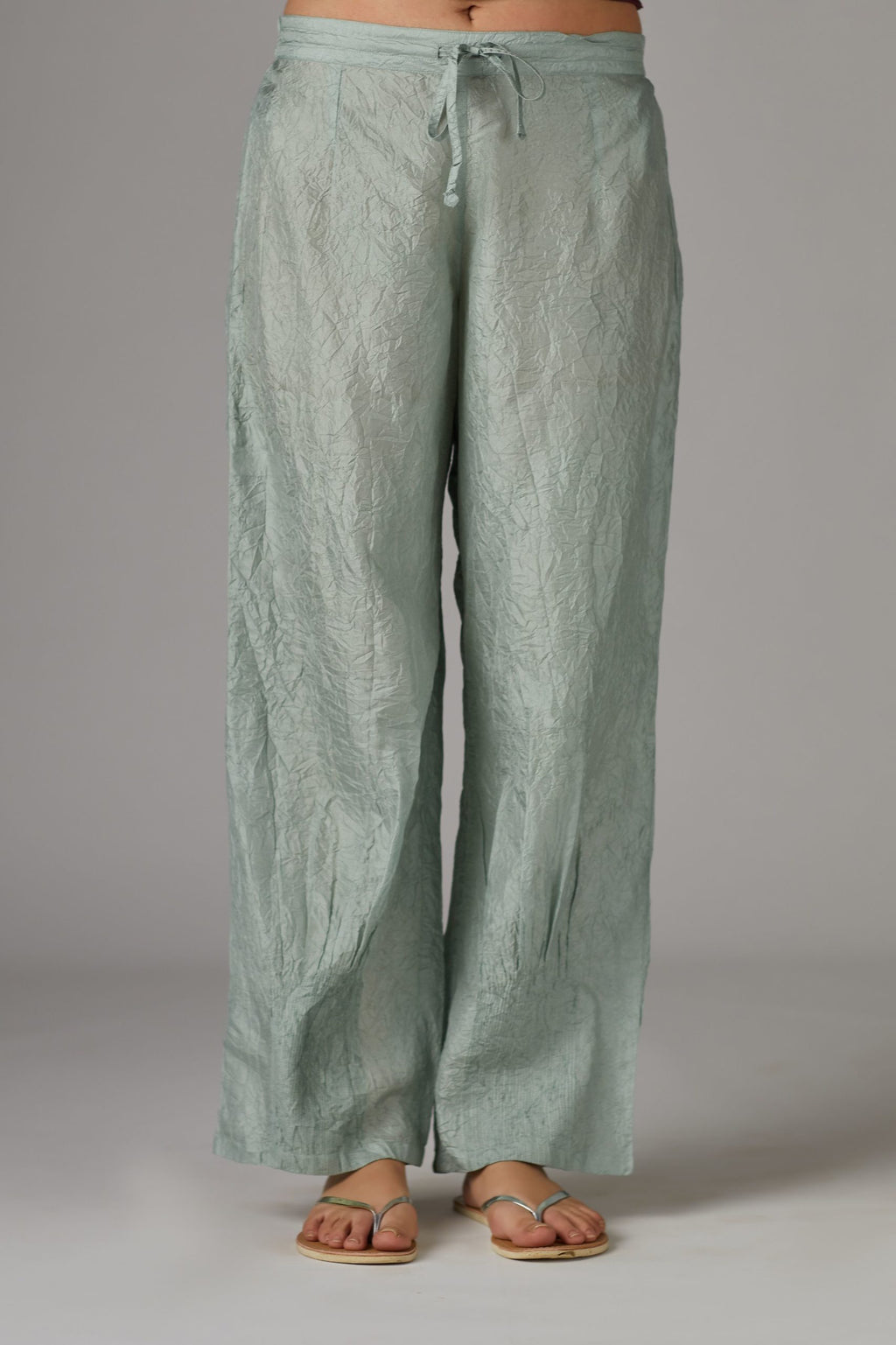 Sea Blue straight crushed silk pants with pintucks at hem