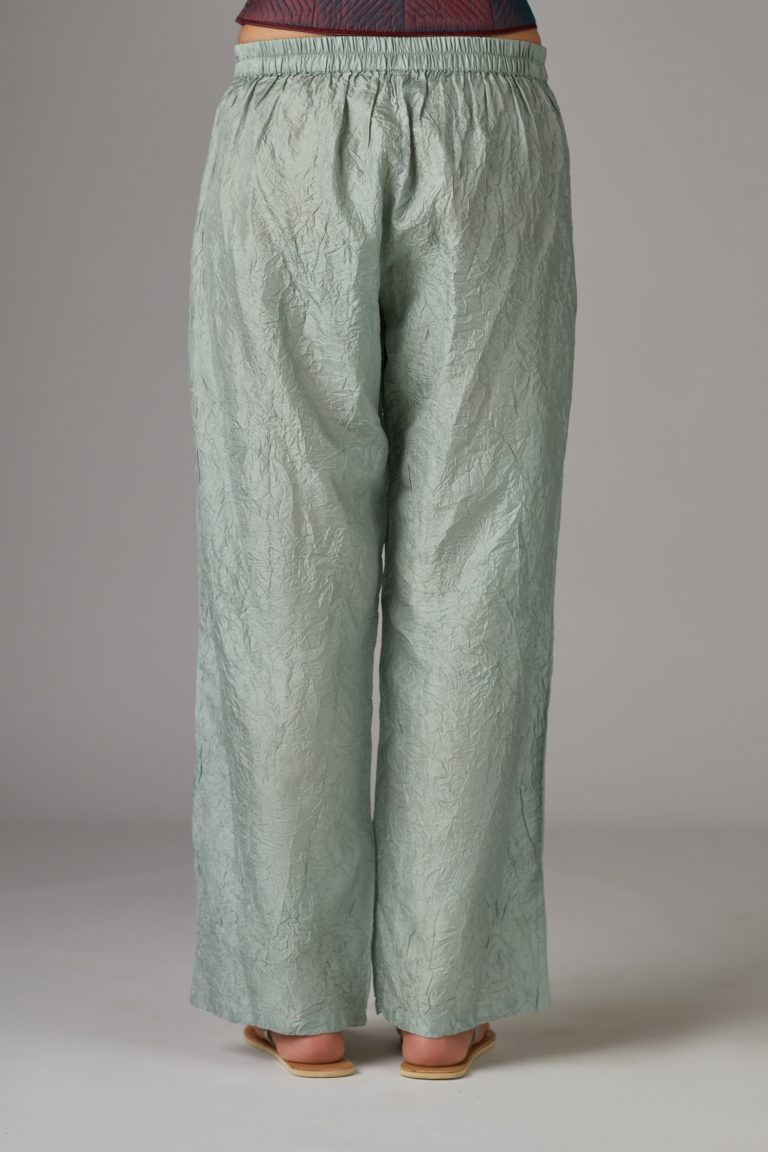 Sea Blue straight crushed silk pants with pintucks at hem