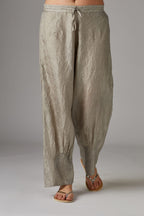 Grey straight crushed silk pants with pin tucks at hem