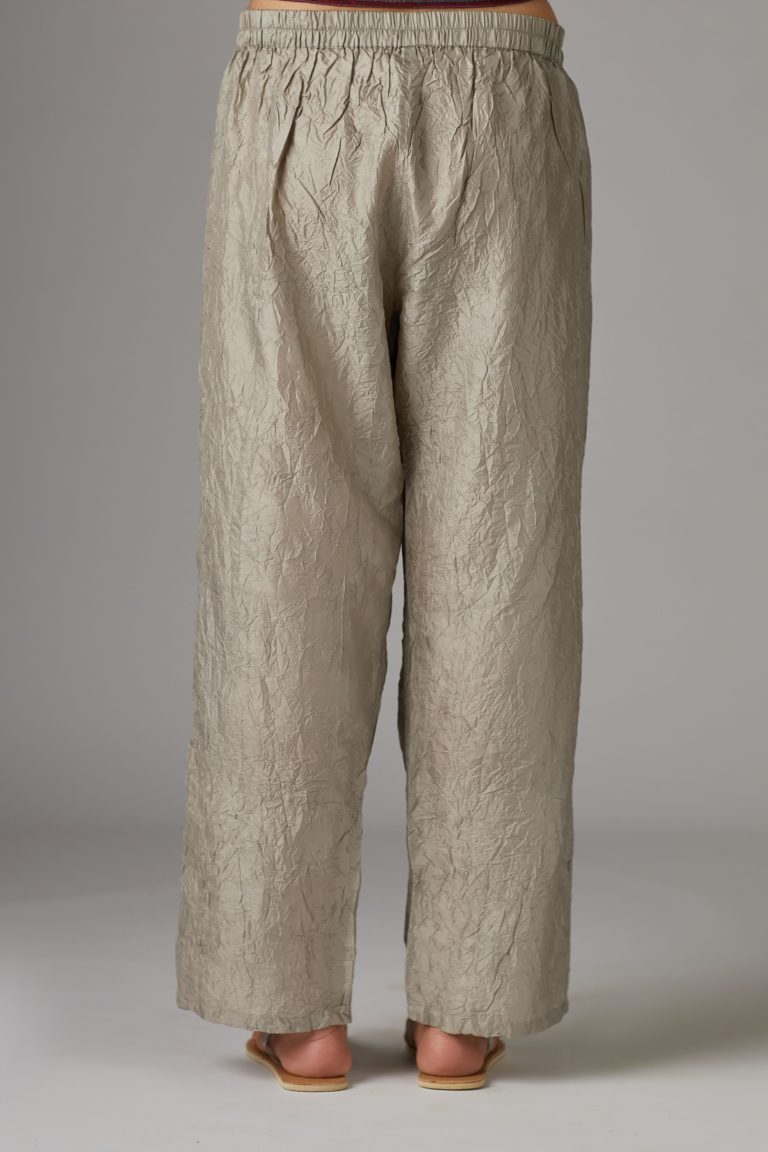 Grey straight crushed silk pants with pin tucks at hem