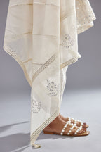 Off white silk Chanderi short panelled kurta set with off-white thread and mirror embroidery.