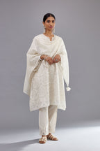Off white short easy fit, straight hem kurta set with all-over trellis jaal appliqué, highlighted with sequins.