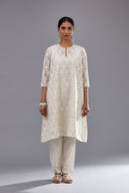 Off white short easy fit, straight hem kurta set with all-over trellis jaal appliqué, highlighted with sequins.