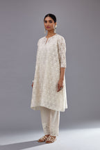 Off white short easy fit, straight hem kurta set with all-over trellis jaal appliqué, highlighted with sequins.