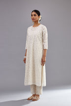 Off white straight kurta set with all-over cotton appliqué trellis jaal, highlighted with sequins.