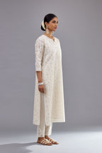 Off white straight kurta set with all-over cotton appliqué trellis jaal, highlighted with sequins.
