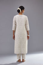 Off white straight kurta set with all-over cotton appliqué trellis jaal, highlighted with sequins.