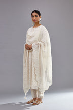 Off white straight kurta set with all-over cotton appliqué trellis jaal, highlighted with sequins.