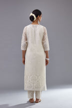 Off white cotton chanderi straight kurta set with cotton appliqué, highlighted with sequins.