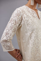 Off white silk chanderi straight kurta set with appliqué trellis jaal in center panel and small assorted flowers embroidery at side panells.