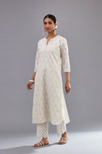 Off white straight kurta set with all-over cotton appliqué trellis jaal, highlighted with sequins.
