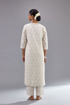 Off white straight kurta set with all-over cotton appliqué trellis jaal, highlighted with sequins.