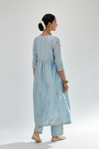 Blue silk chanderi kurta-dress set with zari, dori and gota embroidery, highlighted with contrast bead work.