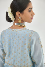 Blue silk chanderi kurta-dress set with zari, dori and gota embroidery, highlighted with contrast bead work.