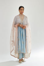 Blue silk chanderi kurta-dress set with zari, dori and gota embroidery, highlighted with contrast bead work.