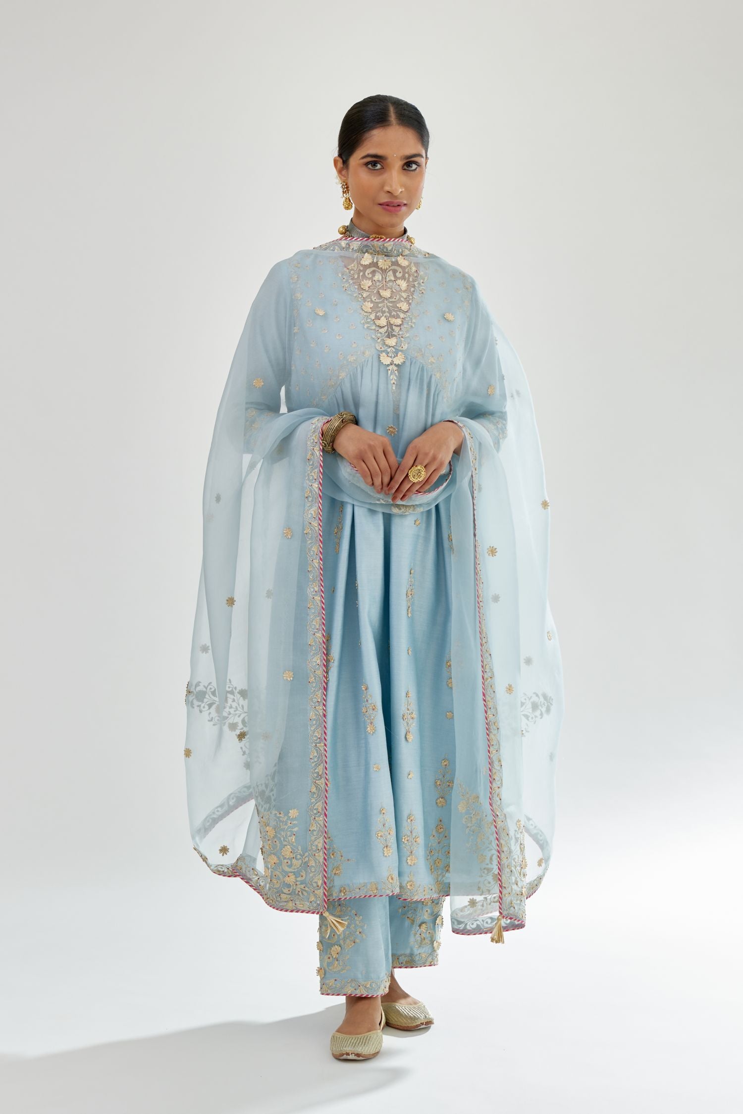Blue silk organza dupatta with dori and gota embroidery at edges, highlighted with contrast bead work.