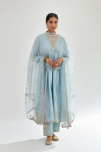 Blue silk chanderi kurta-dress set with zari, dori and gota embroidery, highlighted with contrast bead work.