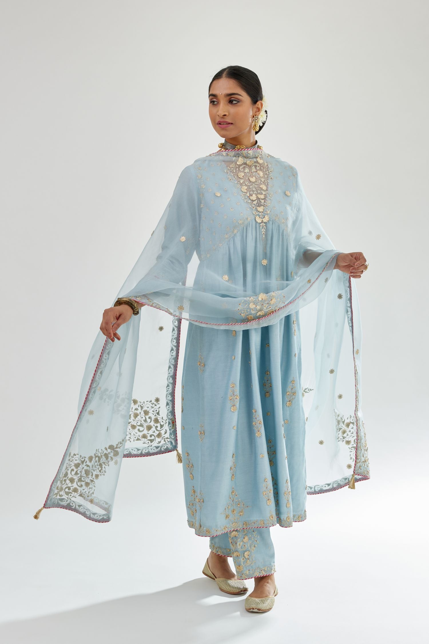 Blue silk organza dupatta with dori and gota embroidery at edges, highlighted with contrast bead work.