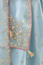 Blue silk organza dupatta with dori and gota embroidery at edges, highlighted with contrast bead work.