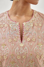 Pink short kurta set detailed with all-over zari, dori, sequins and gota embroidery.