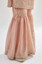Pink short kurta set detailed with all-over zari, dori, sequins and gota embroidery.
