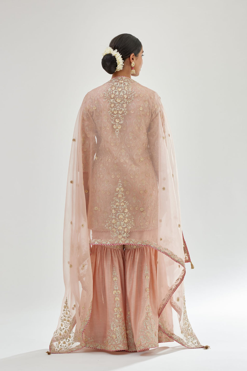 Pink silk organza dupatta with dori and gota embroidery at edges, highlighted with contrast bead work.