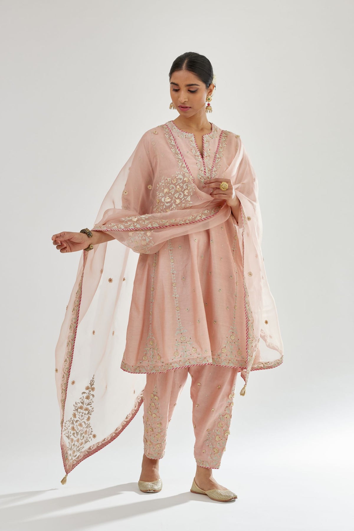 Pink silk organza dupatta with dori and gota embroidery at edges, highlighted with contrast bead work.