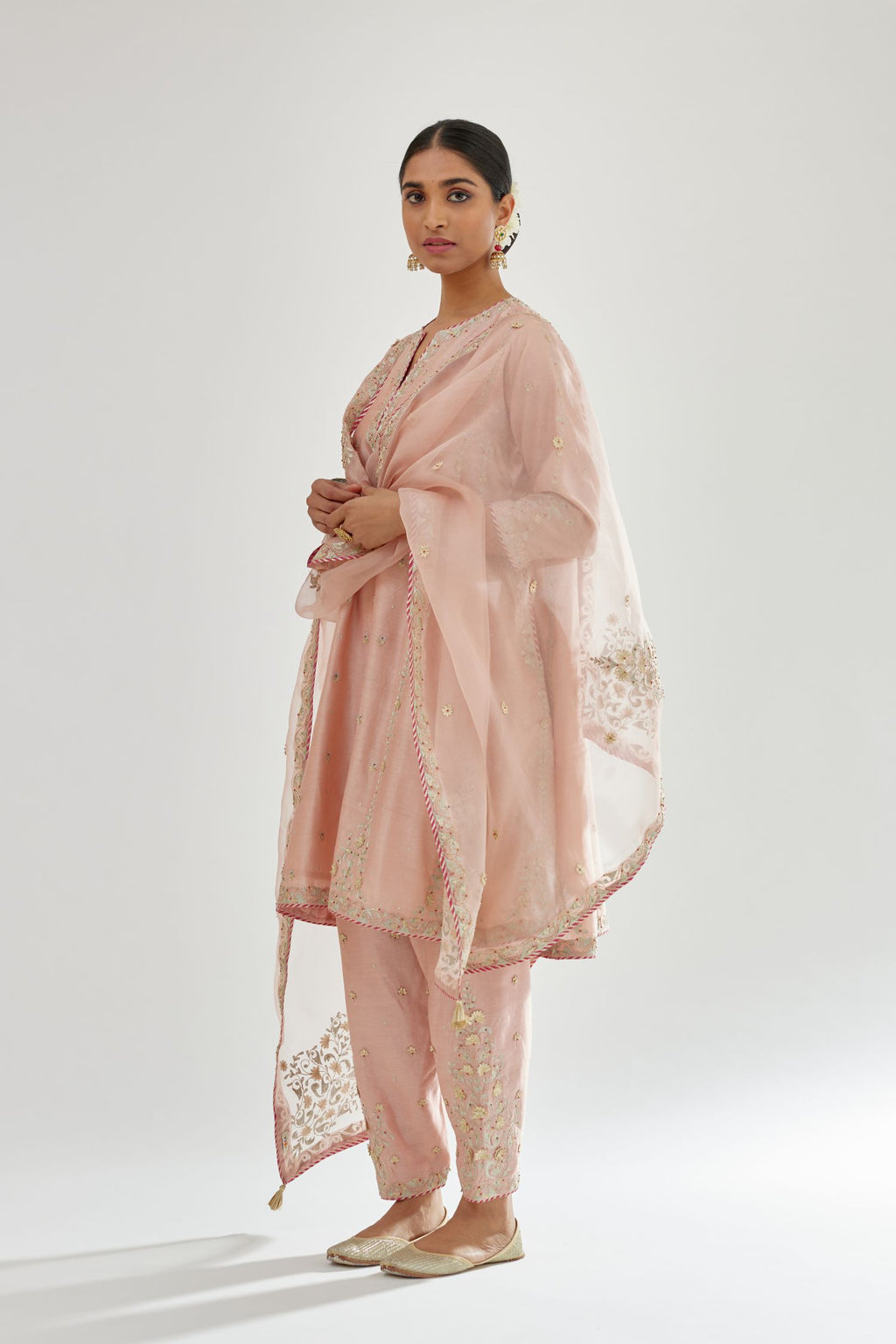 Pink silk organza dupatta with dori and gota embroidery at edges, highlighted with contrast bead work.