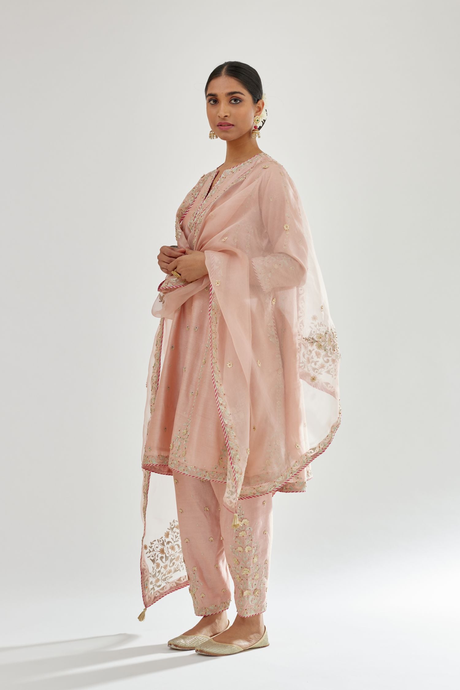Pink silk organza dupatta with dori and gota embroidery at edges, highlighted with contrast bead work.