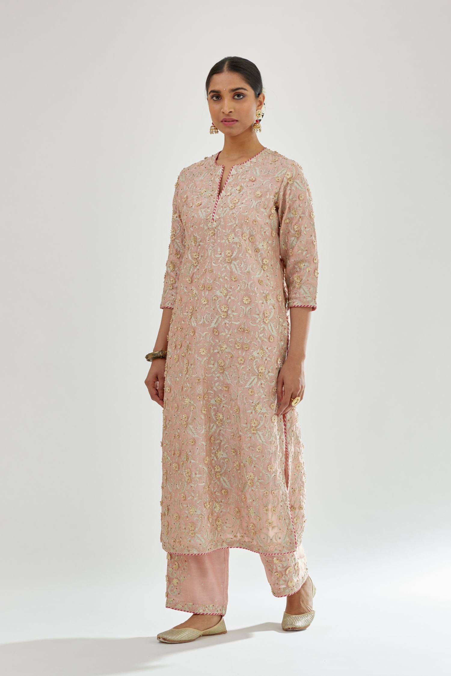 Pink silk chanderi straight kurta set with all-over dori and gota jaal embroidery, highlighted with contrast bead work.