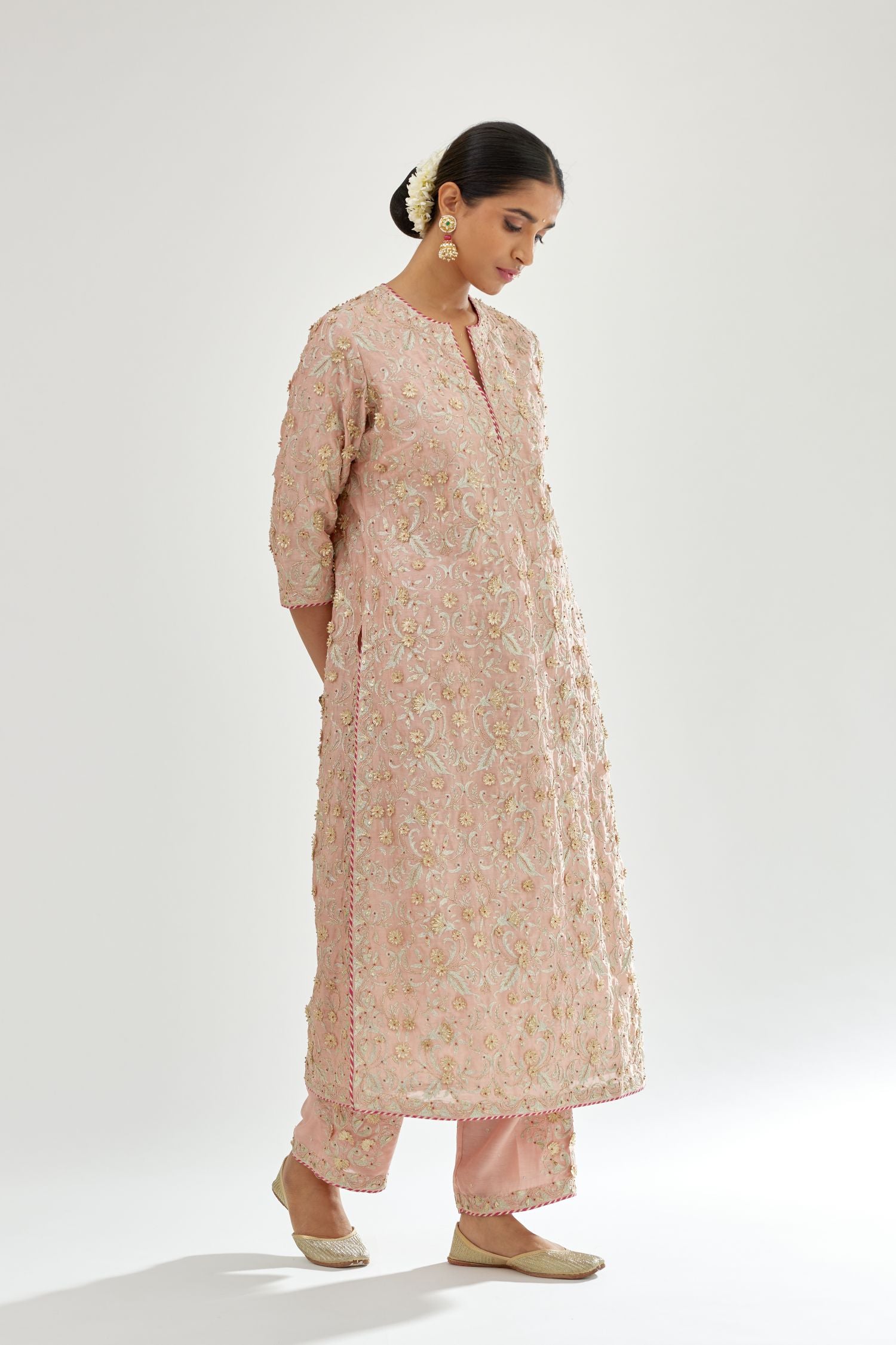 Pink silk chanderi straight kurta set with all-over dori and gota jaal embroidery, highlighted with contrast bead work.