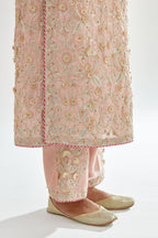 Pink silk chanderi straight kurta set with all-over dori and gota jaal embroidery, highlighted with contrast bead work.