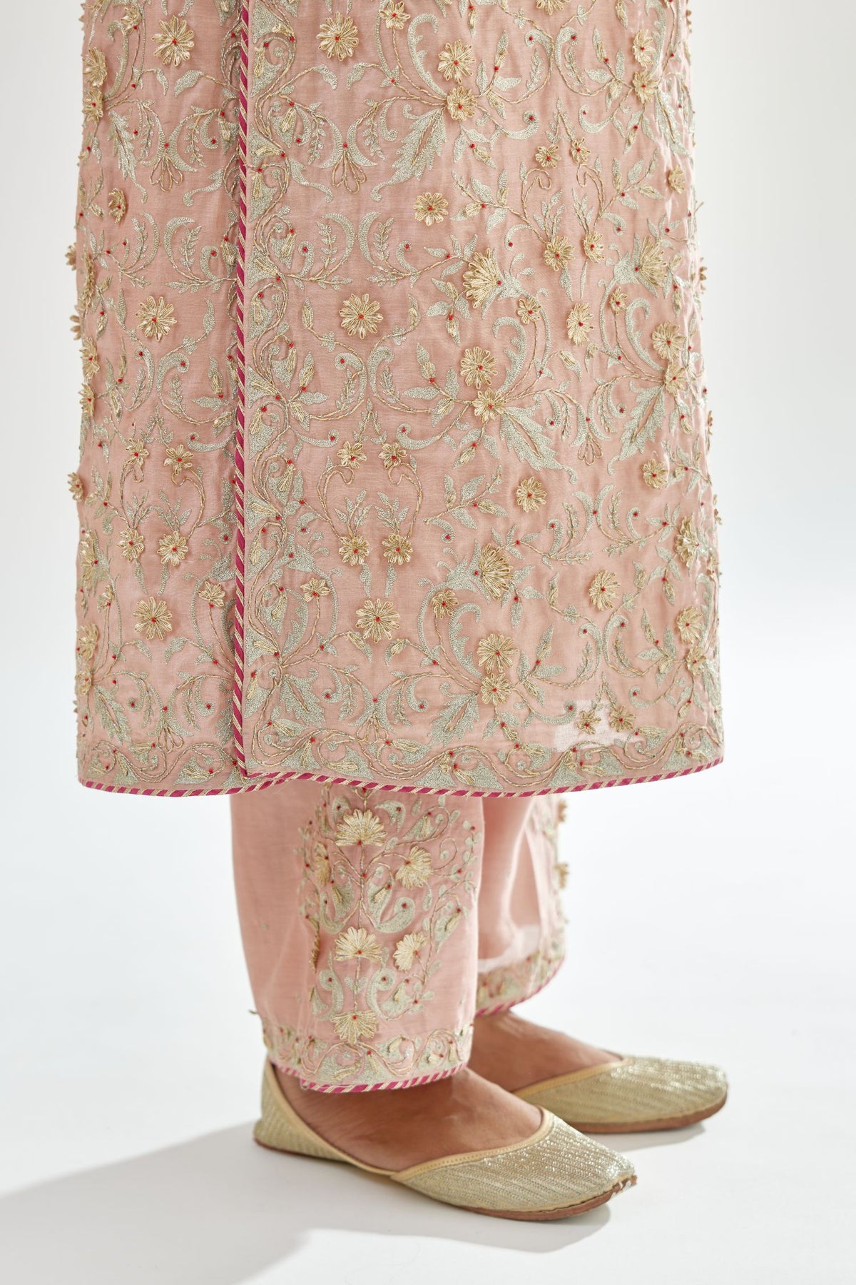 Pink silk chanderi straight kurta set with all-over dori and gota jaal embroidery, highlighted with contrast bead work.