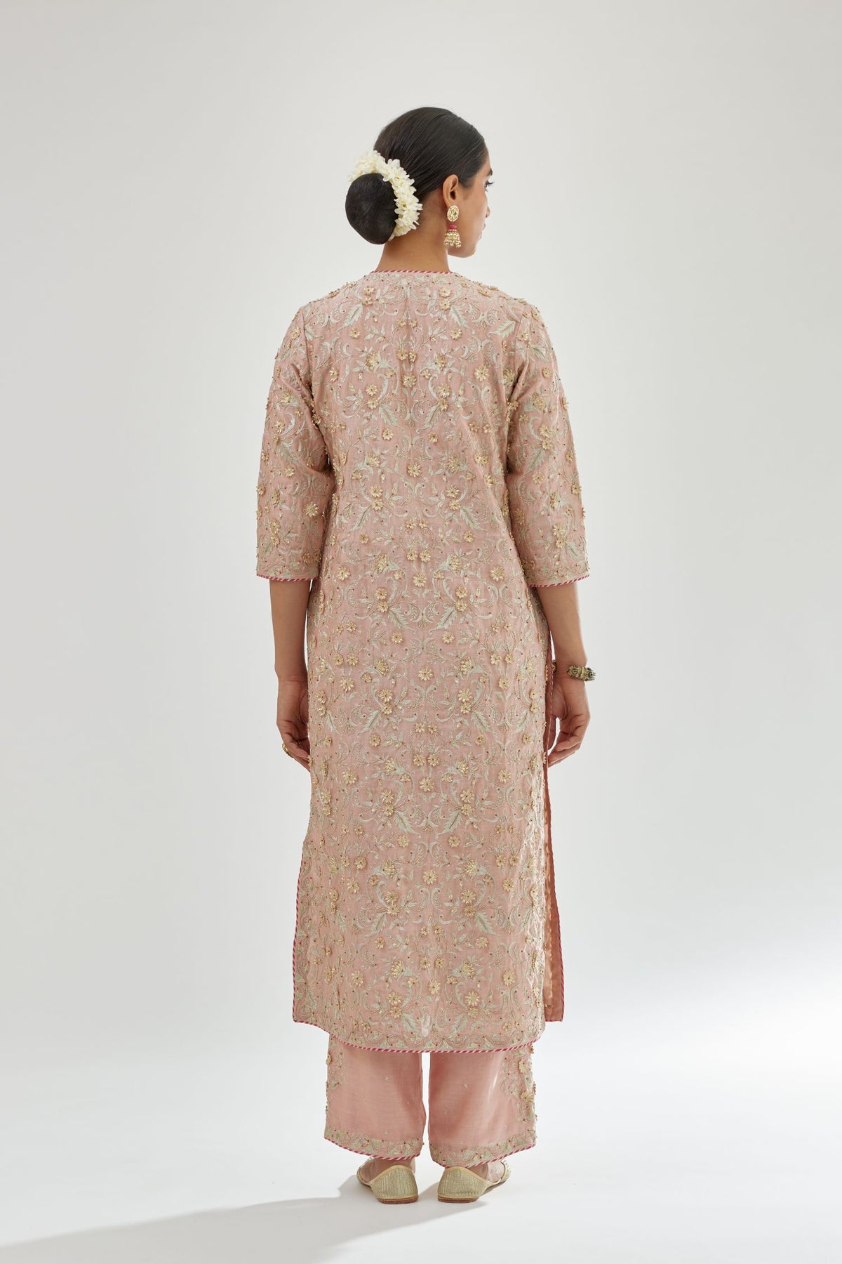 Pink silk chanderi straight kurta set with all-over dori and gota jaal embroidery, highlighted with contrast bead work.