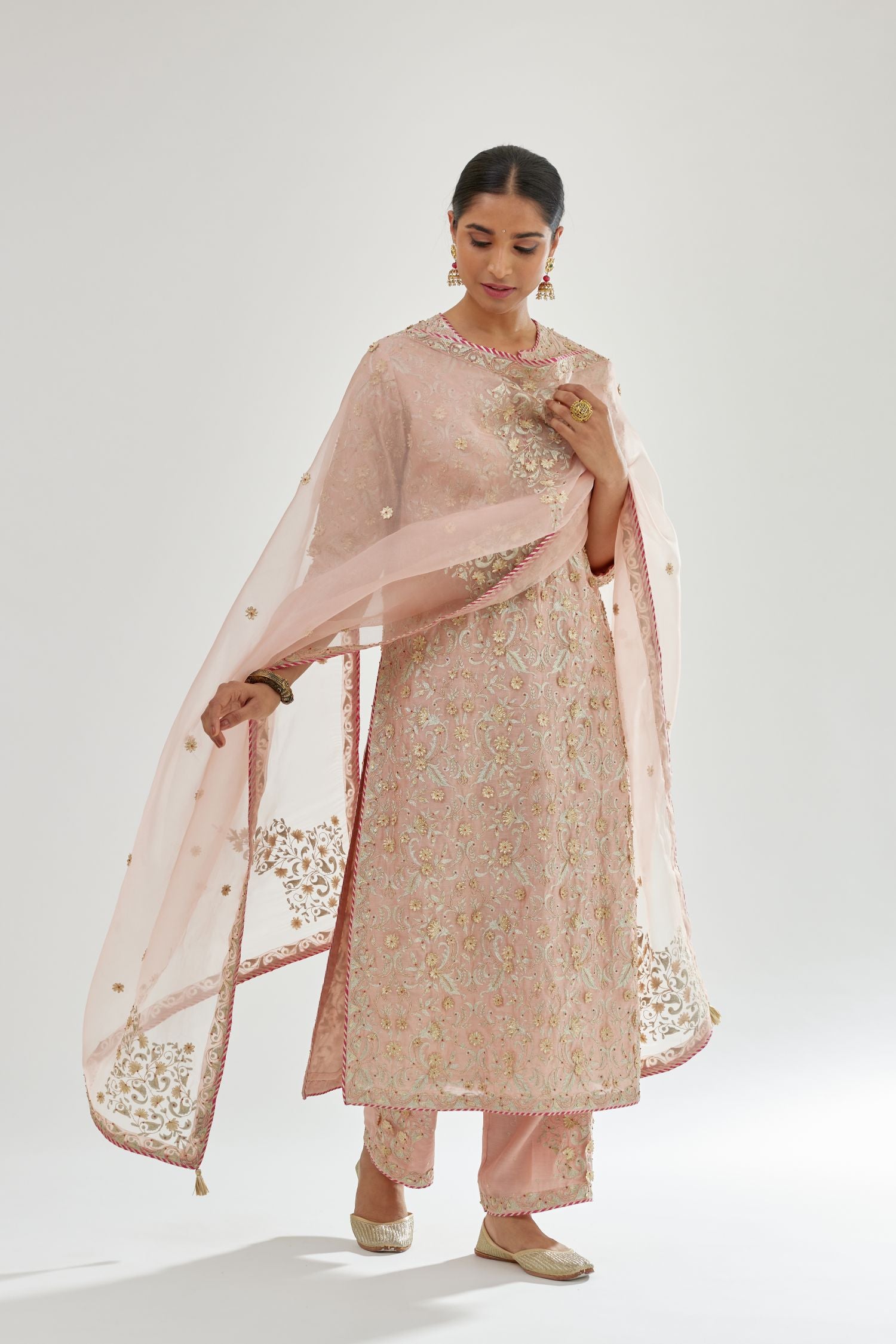 Pink silk organza dupatta with dori and gota embroidery at edges, highlighted with contrast bead work.