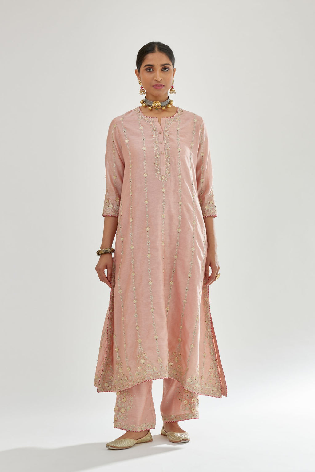 Pink silk chanderi straight kurta set with all over heavy dori and gota embroidery work, highlighted with contrast bead work.