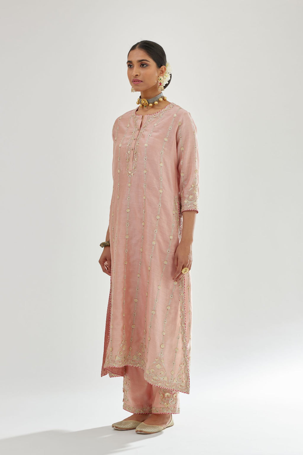 Pink silk chanderi straight kurta set with all over heavy dori and gota embroidery work, highlighted with contrast bead work.