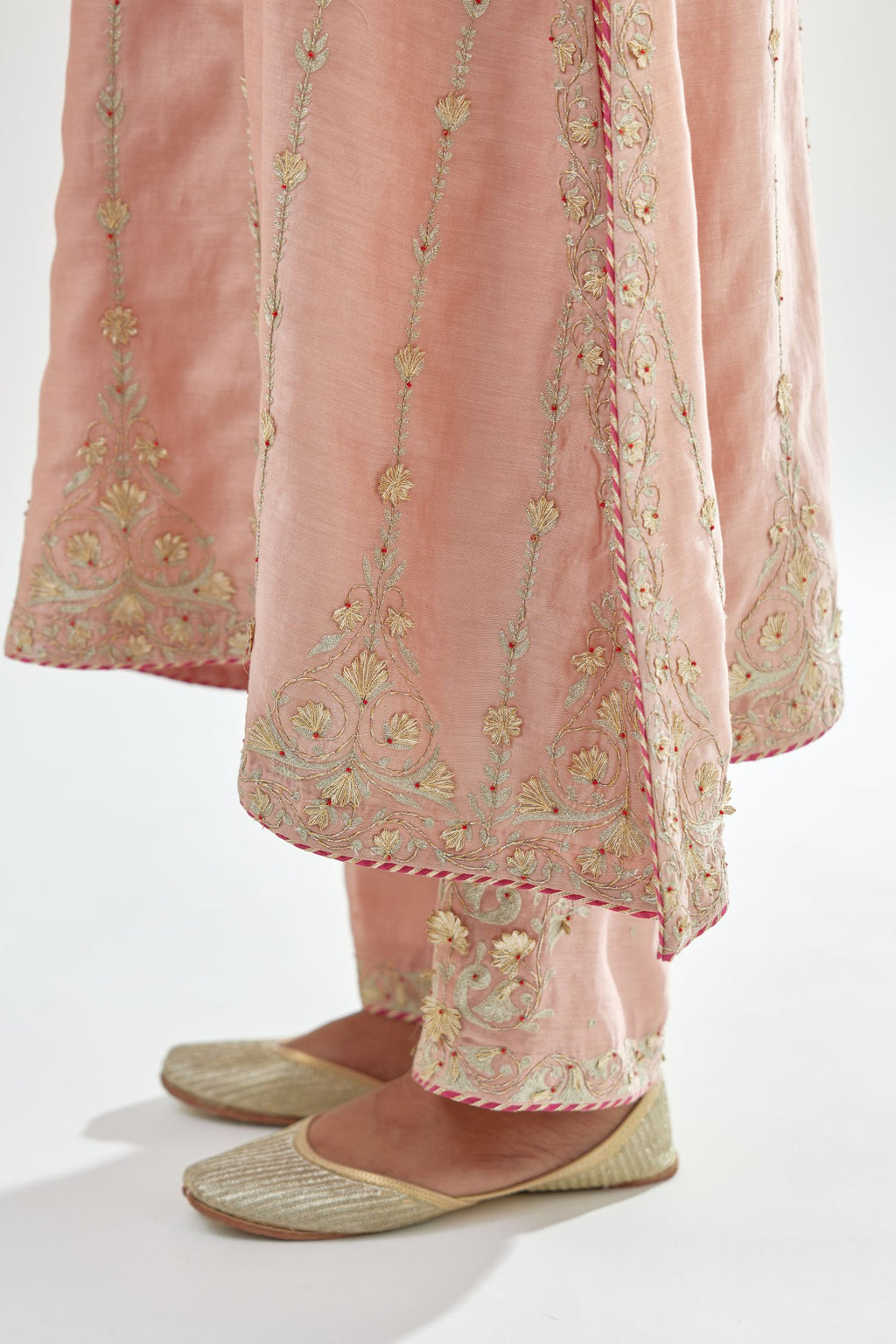 Pink silk chanderi straight kurta set with all over heavy dori and gota embroidery work, highlighted with contrast bead work.