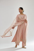 Pink silk organza dupatta with dori and gota embroidery at edges, highlighted with contrast bead work.