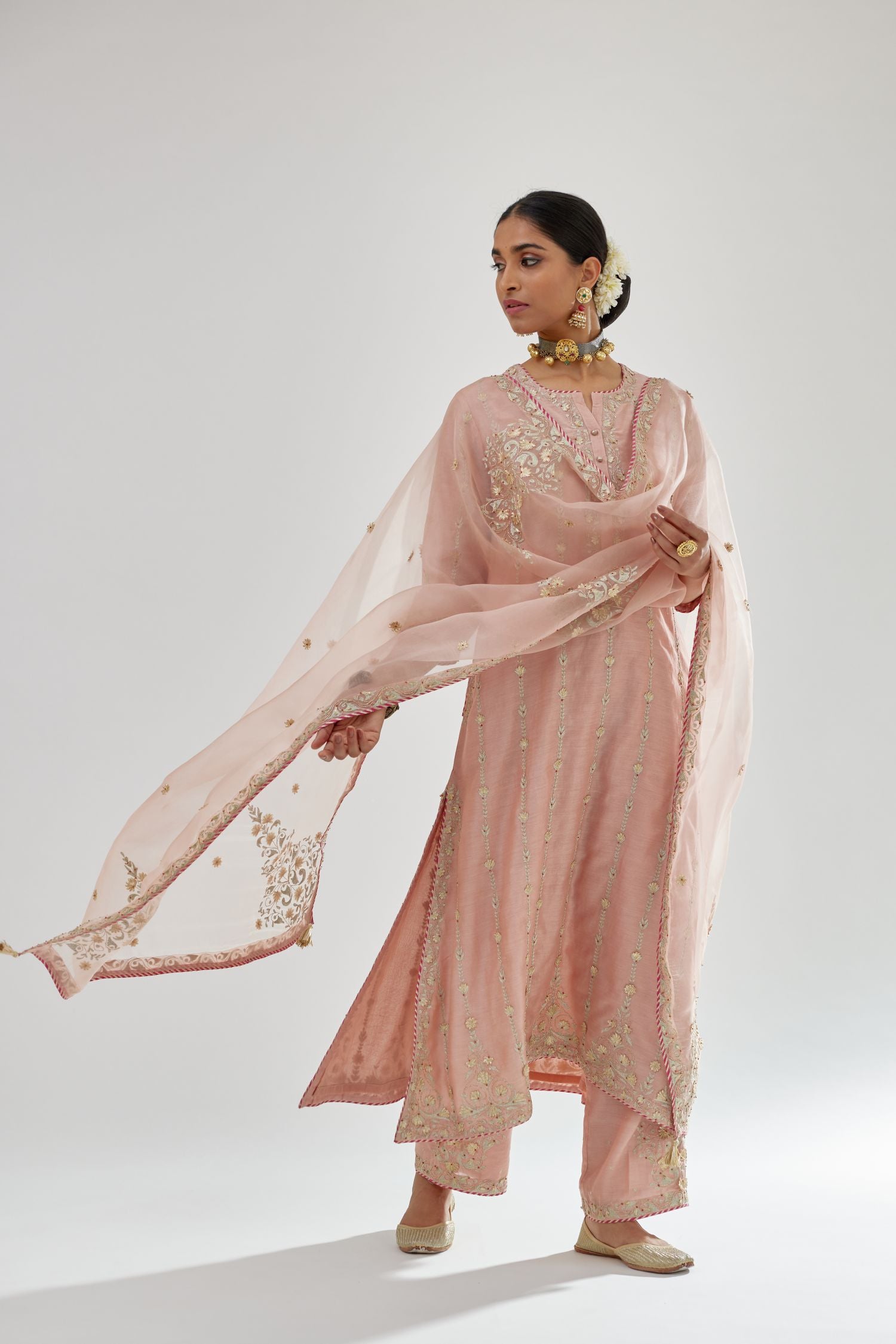 Pink silk organza dupatta with dori and gota embroidery at edges, highlighted with contrast bead work.