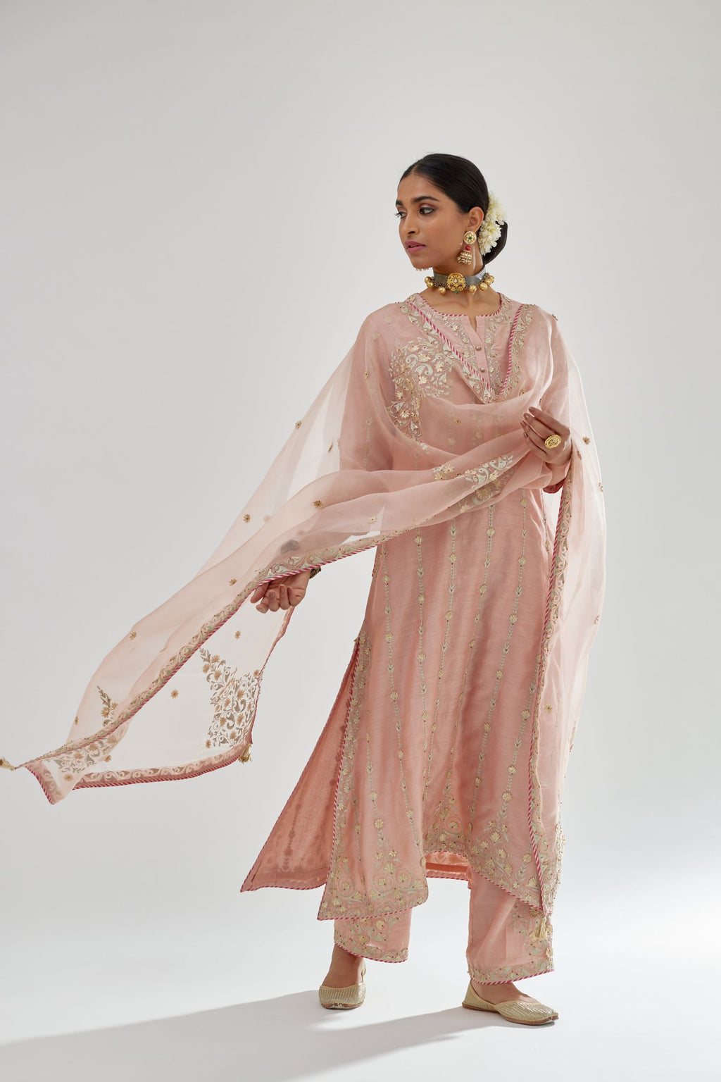 Pink silk chanderi straight kurta set with all over heavy dori and gota embroidery work, highlighted with contrast bead work.