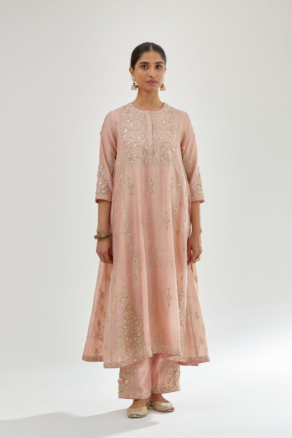 Pink A-line long kurta set with all-over zari, dori, sequins and gota embroidery.