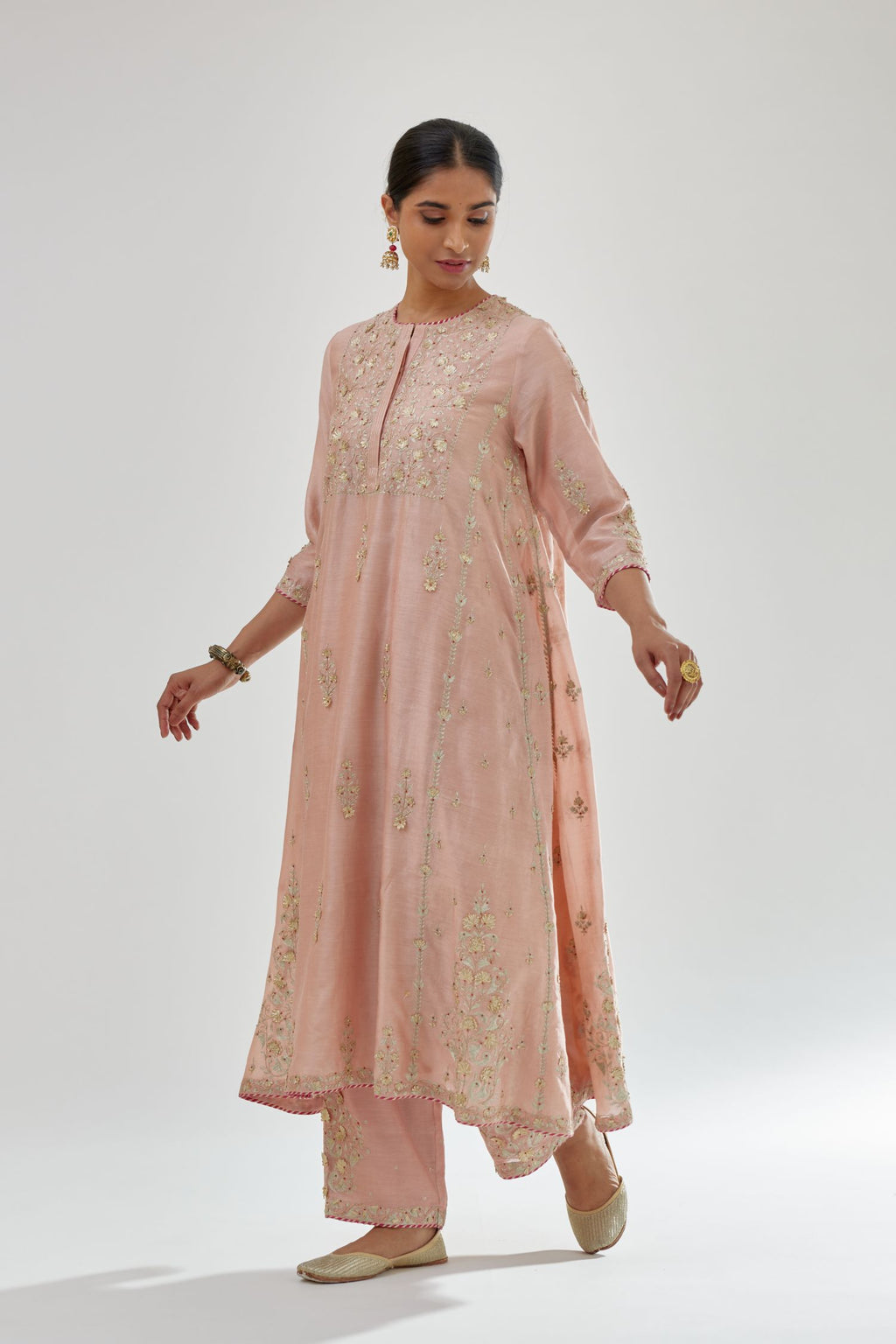 Pink A-line long kurta set with all-over zari, dori, sequins and