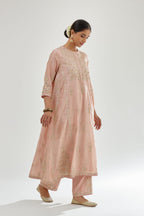 Pink A-line long kurta set with all-over zari, dori, sequins and gota embroidery.