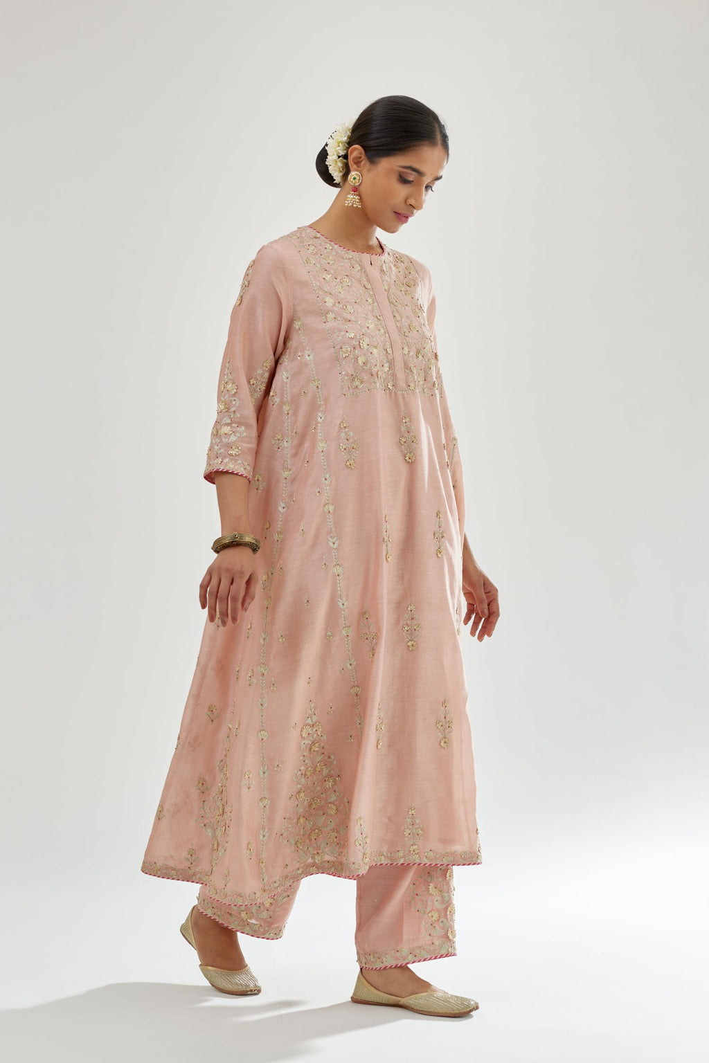 Pink A-line long kurta set with all-over zari, dori, sequins and gota embroidery.