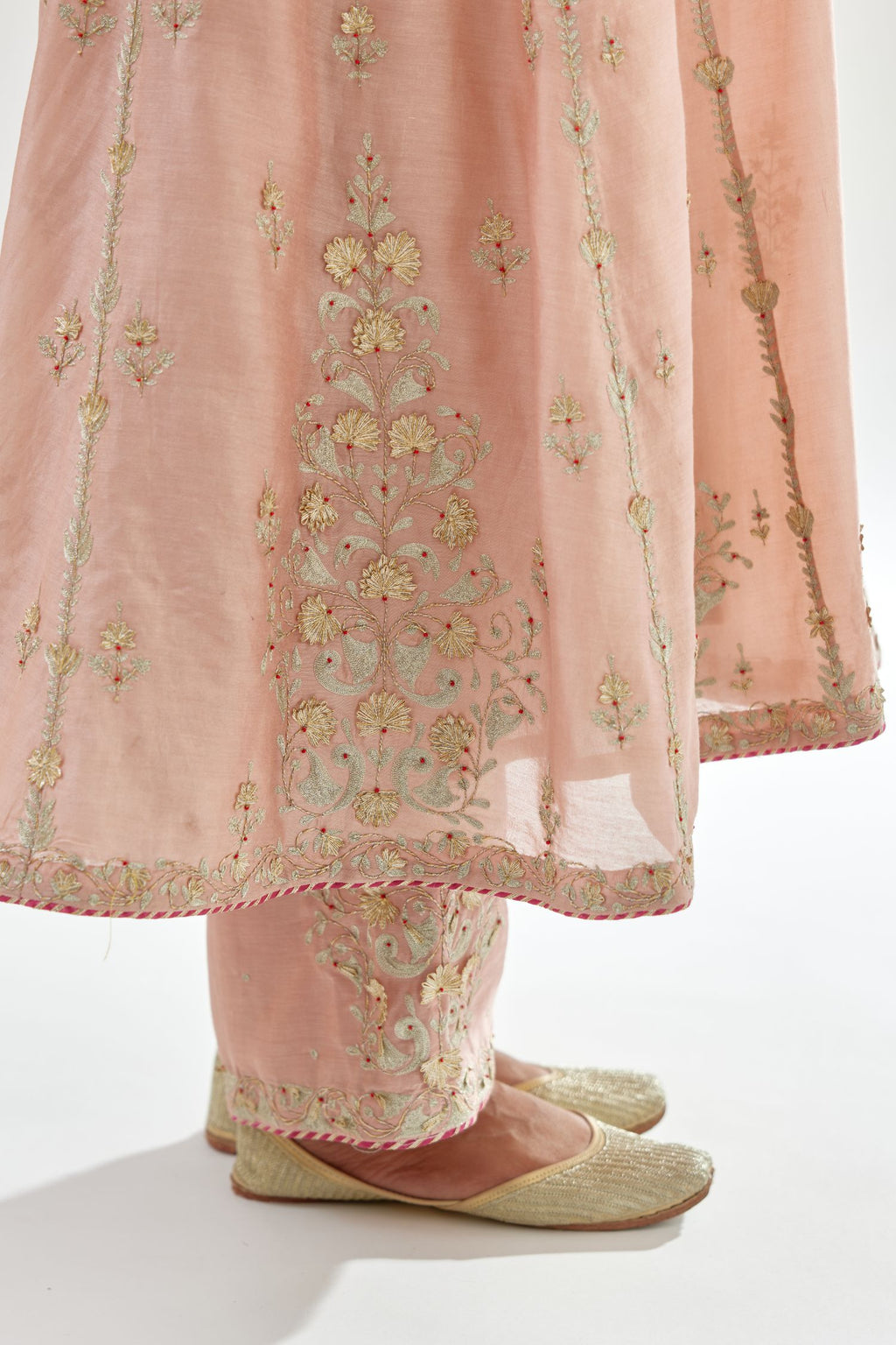 Pink A-line long kurta set with all-over zari, dori, sequins and gota embroidery.