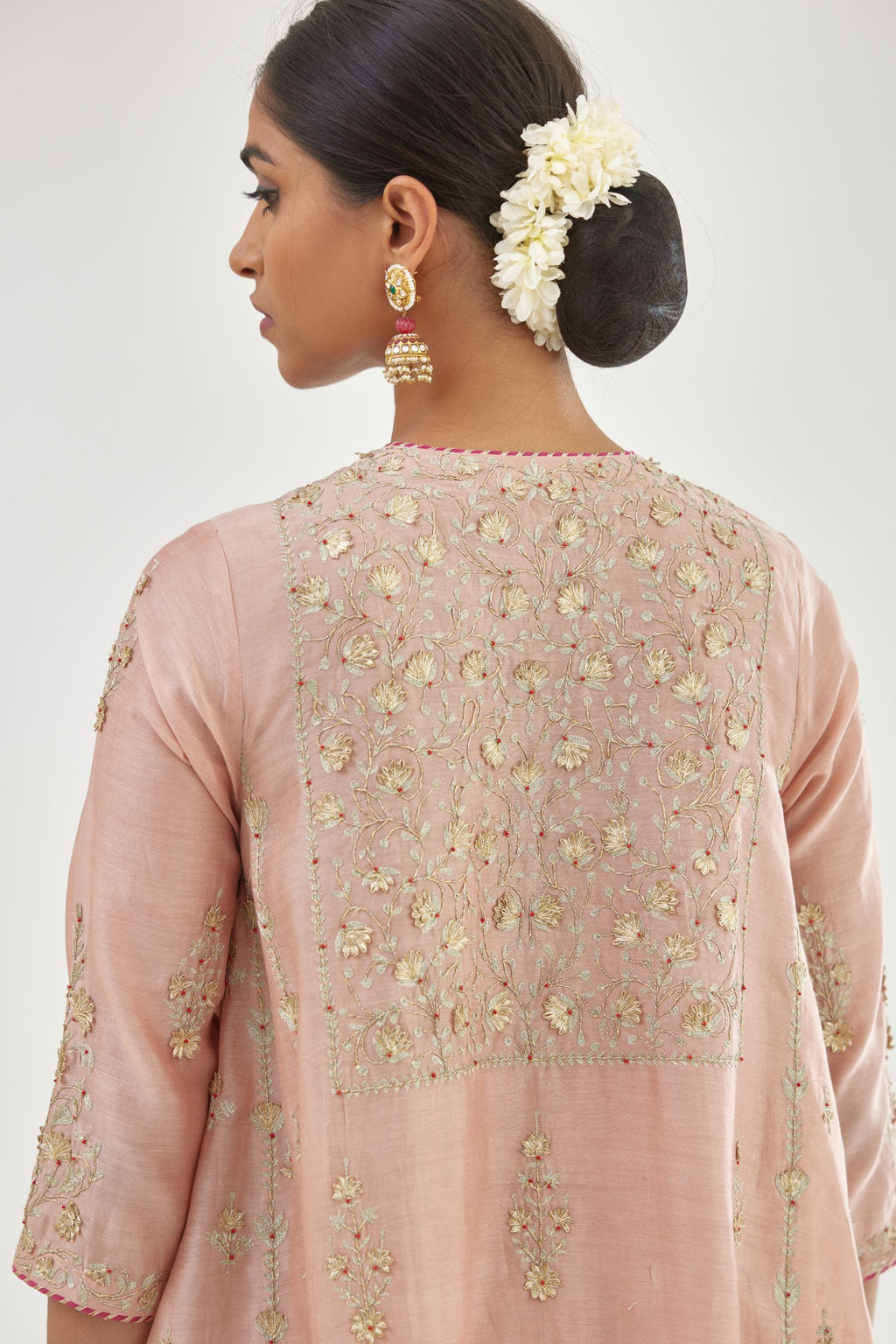 Pink A-line long kurta set with all-over zari, dori, sequins and gota embroidery.