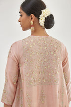 Pink A-line long kurta set with all-over zari, dori, sequins and gota embroidery.
